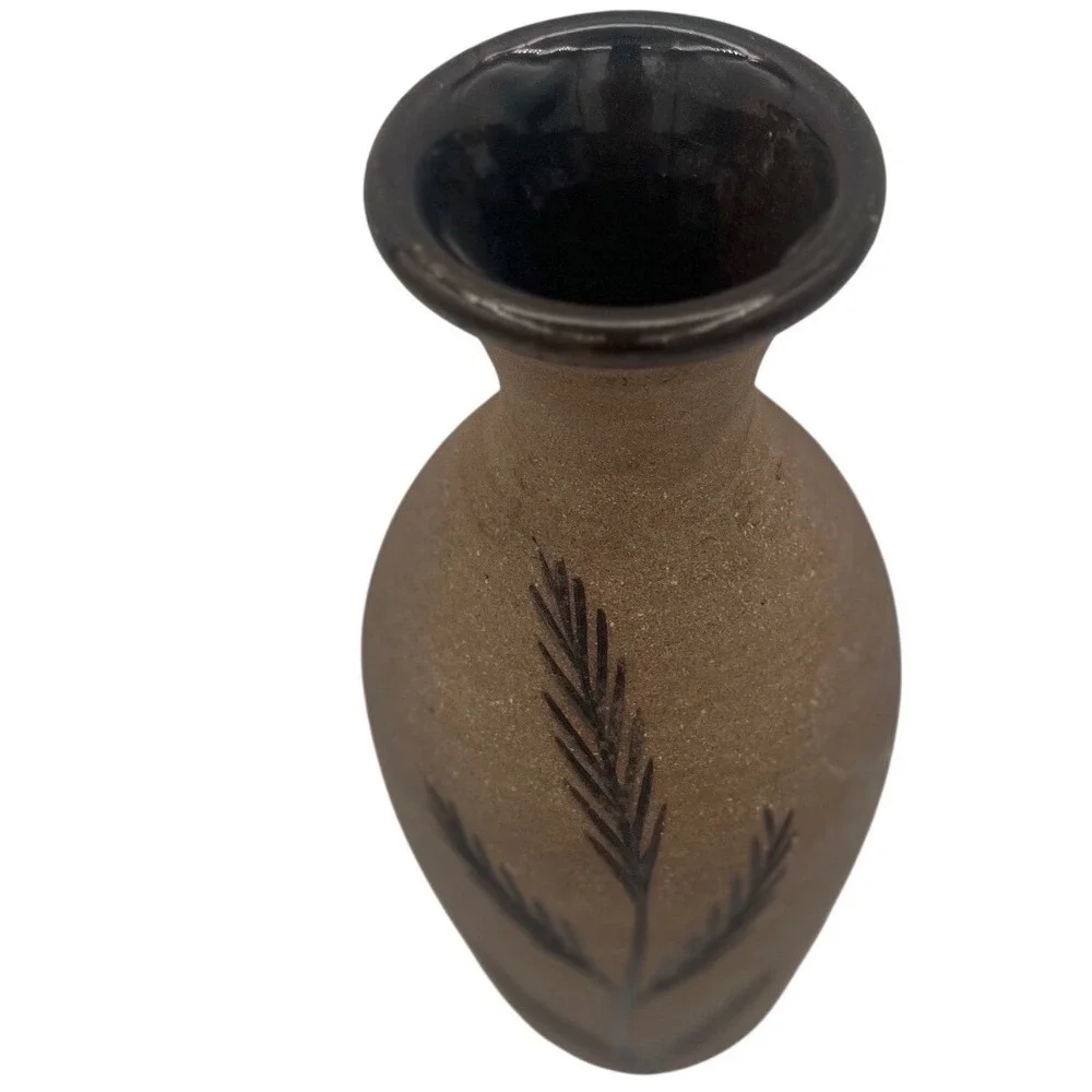 Earth Ware Pottery Vase Signed Fossil Plant Pattern Large Brown‎ Color